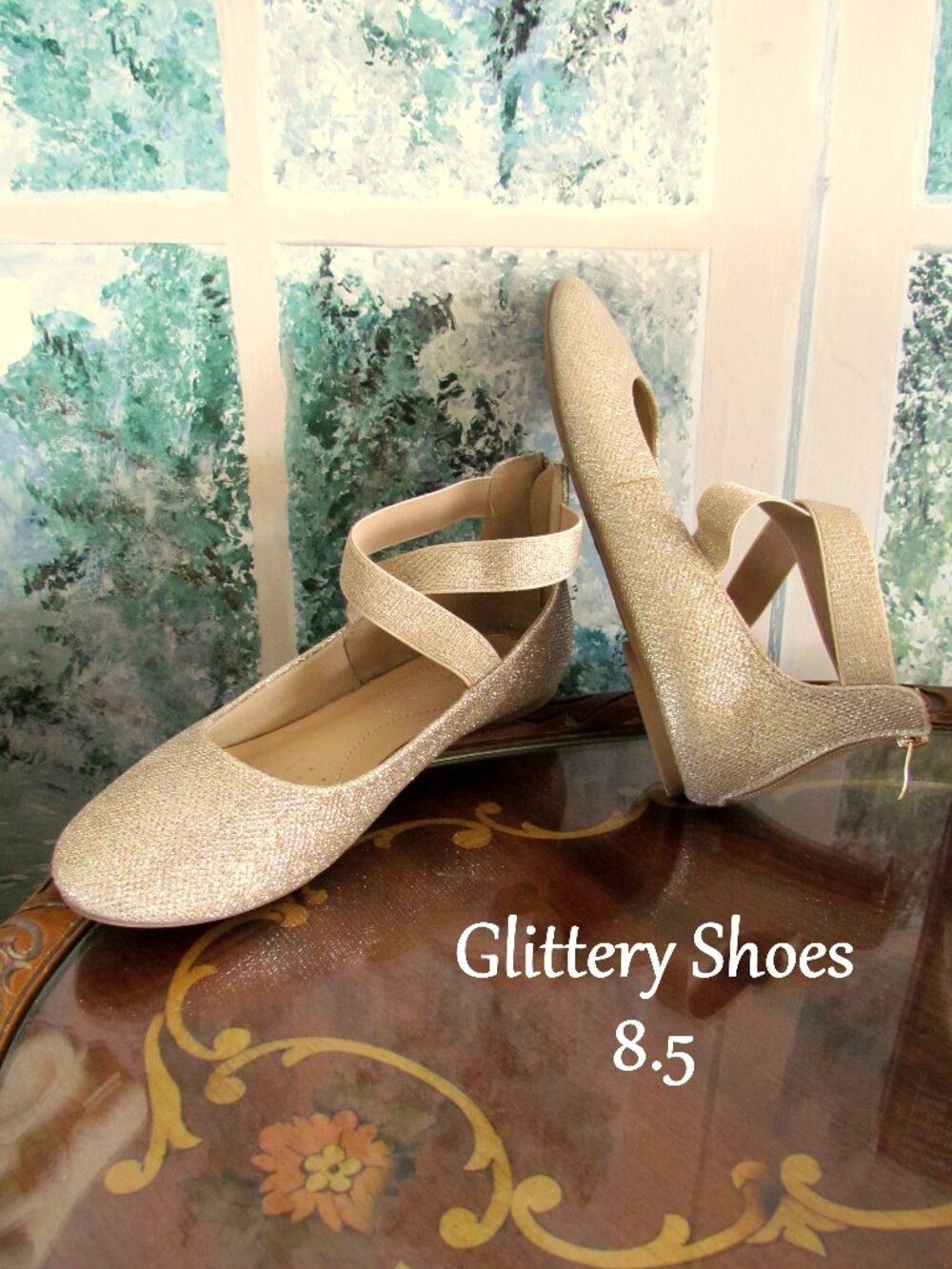 GOLD SHOES, 8 1/2, GLITTER w CRISSCROSS ANKLE STRAPS, SHOELAND FLATS, EUC - Picture 2 of 8